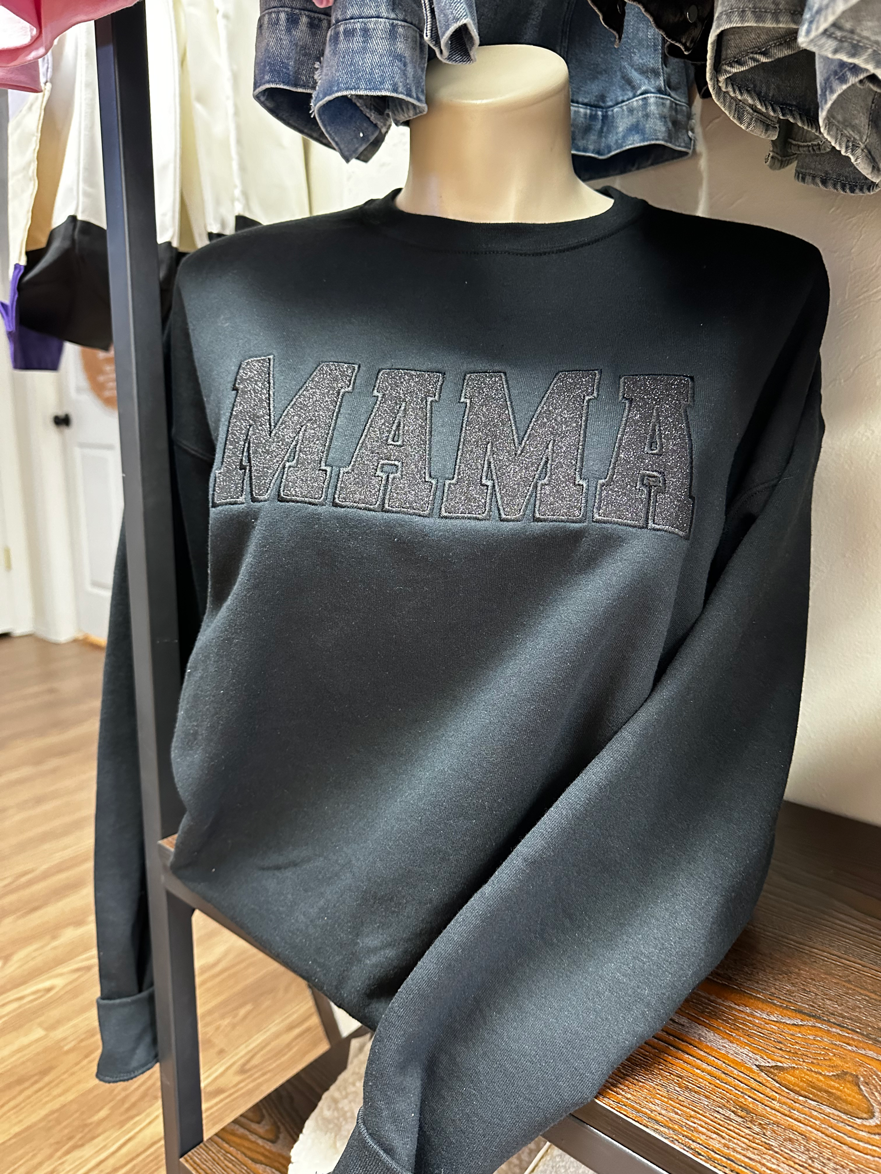 Mama Sparkle Embroidered Black Sweatshirt