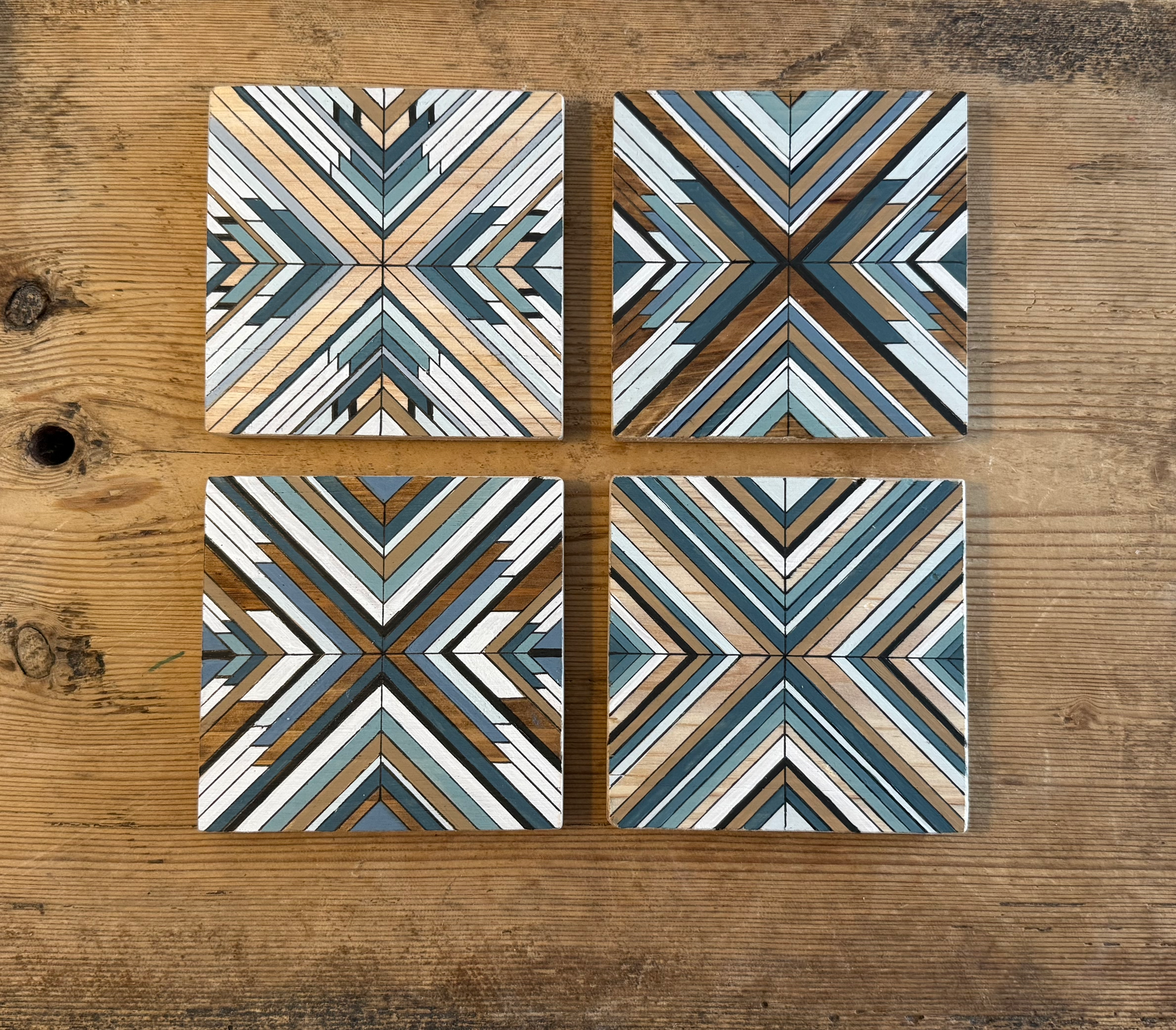 Hand-Painted Geometric Wood Coasters – Set of 2