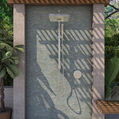 outdoor shower with glass mosaic tiles