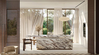 Kitchen with white and purple porcelain countertop