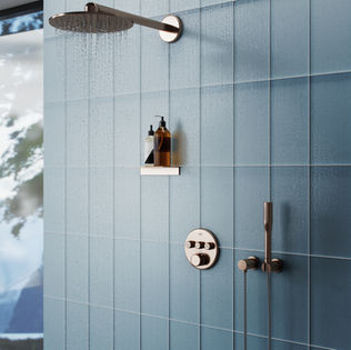 Shower featuring cascade glass tiles in stratos color