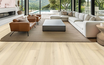 Living room with brown laminate floors & furniture