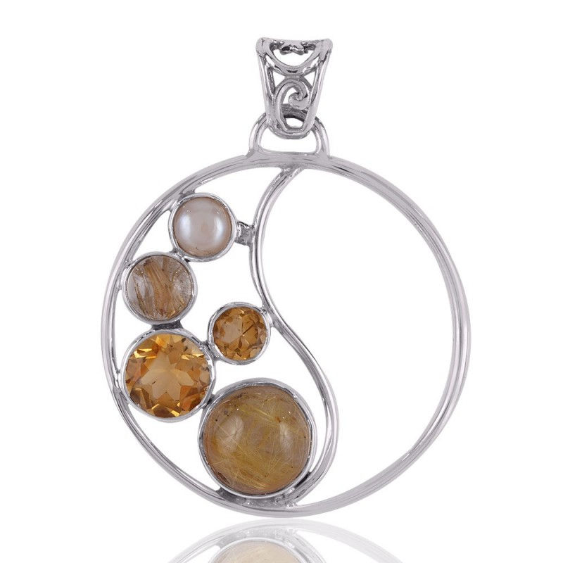 925 Silver Pearl, Citrine, Rutiliated Quartz Pendant