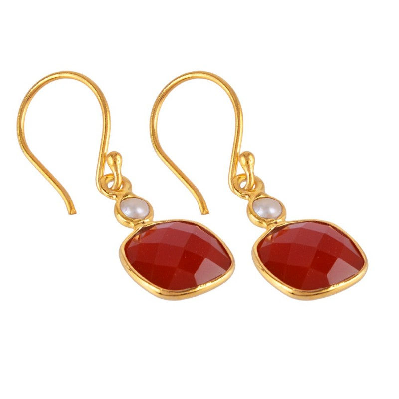 Thumbnail: Onyx, Pearl Gold Plated Silver Dangle Earrings
