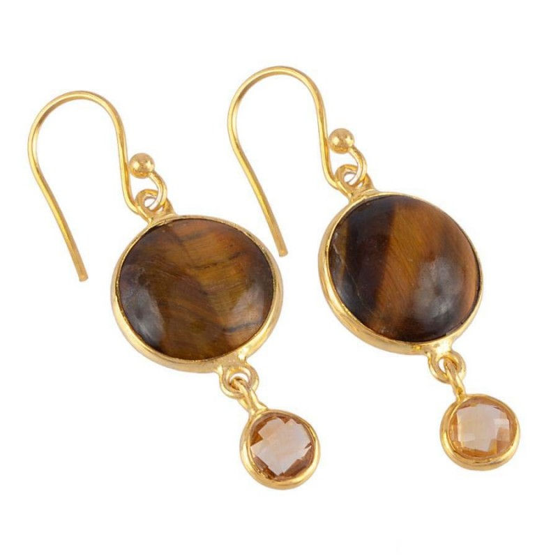 Thumbnail: Tigerss Eye, Citrine Gold Over Silver Earrings