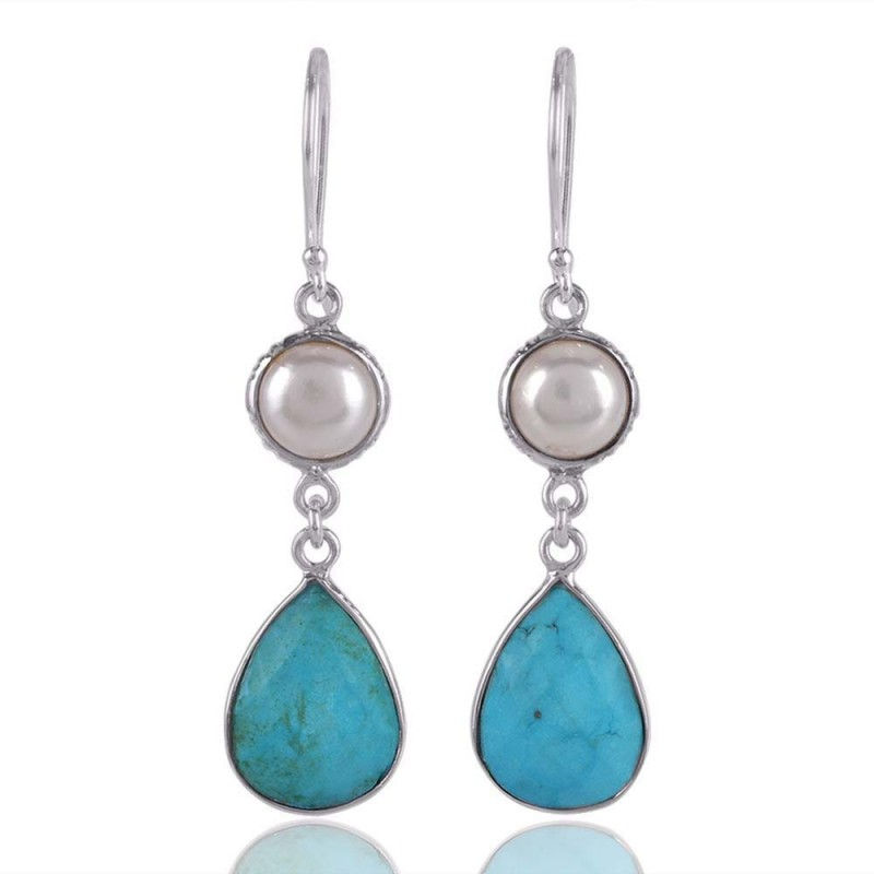 925 Sterling Silver Pearl, Turquoise Earrings