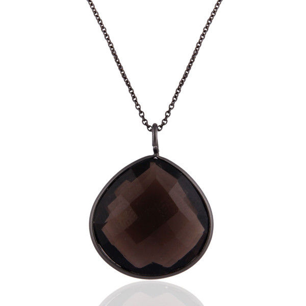 Black Rhodium Plated Sterling Silver Natural Smoky Quartz Pendant With Chain
