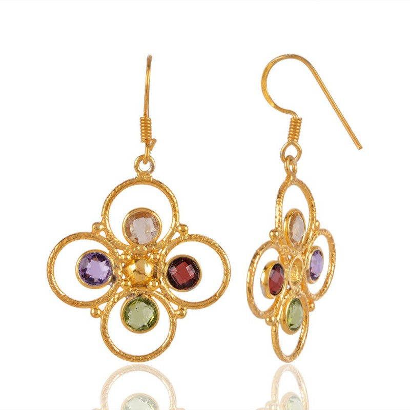 Thumbnail: Multi Gemstones Gold Over Silver Dangle Earrings