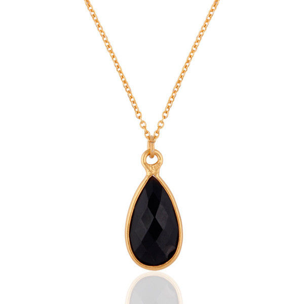 Faceted Black Onyx Stone Bezel Set Sterling Silver Pendant Gold Plated