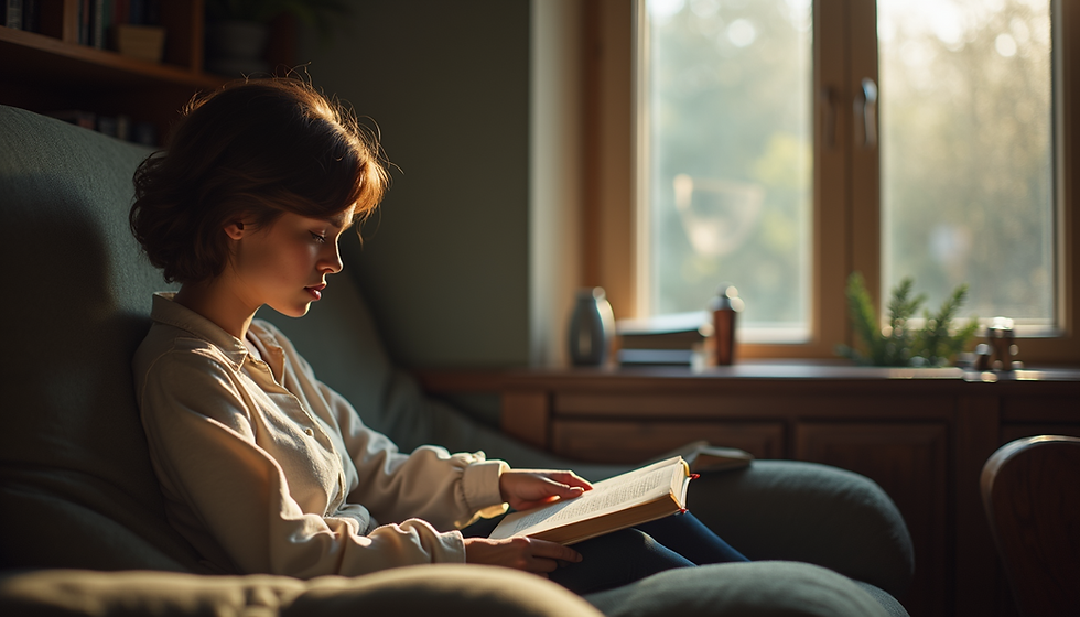 Child reading on a sofa by a sunlit window, surrounded by books and a potted plant. Warm tones create a peaceful, focused atmosphere.