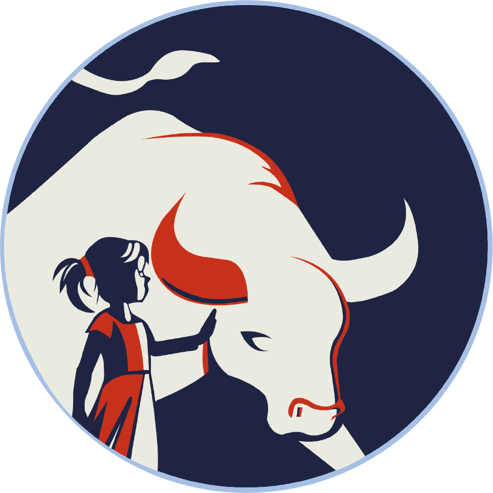 Illustration of a girl standing before a bull, encircled
