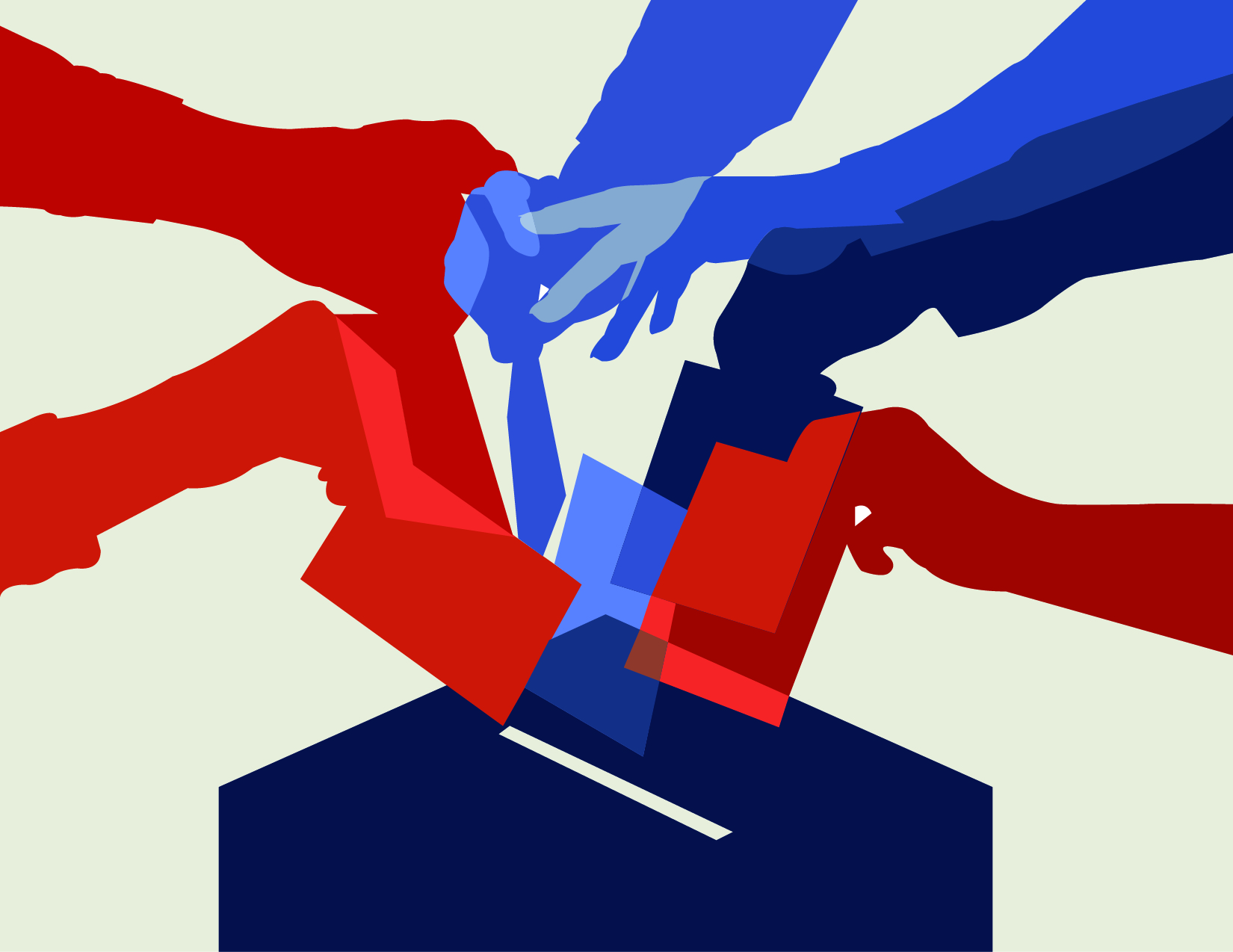 Collage of raised hands in red, white, and blue