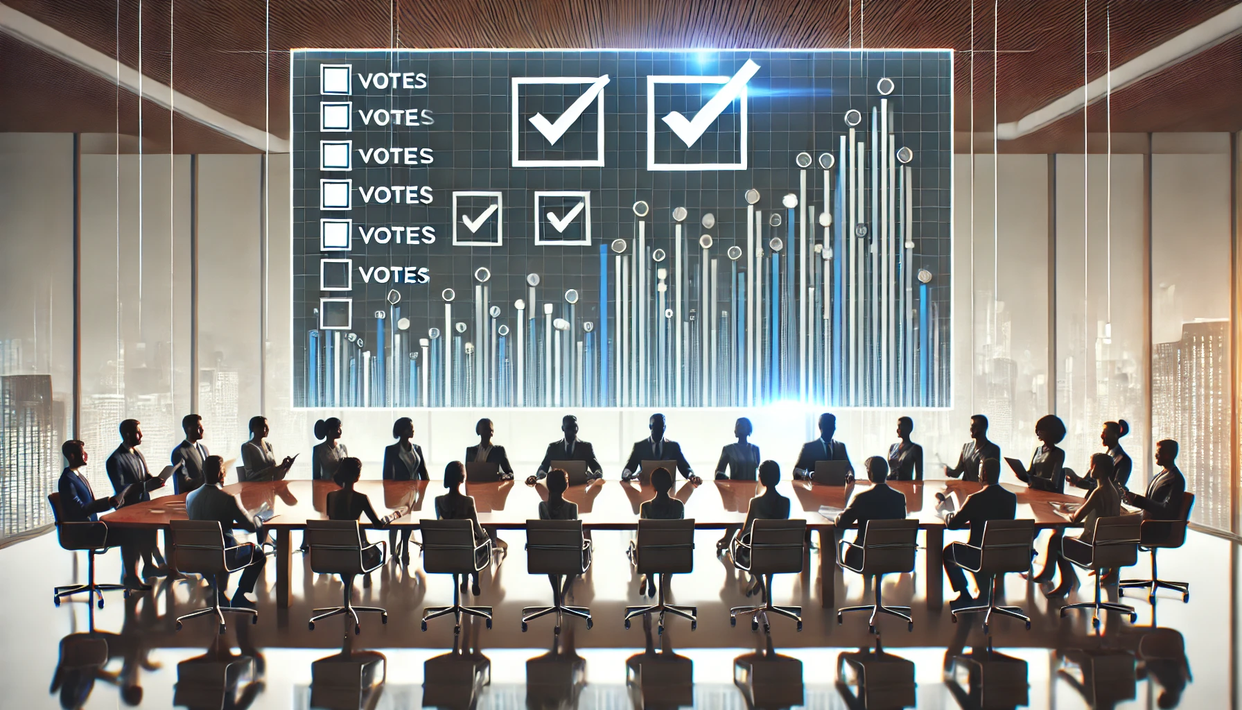A boardroom watching shareholder votes tallied on screen