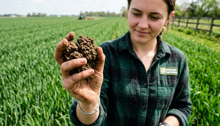Close-up view of a hand holding moist soil crumbs in a crop field