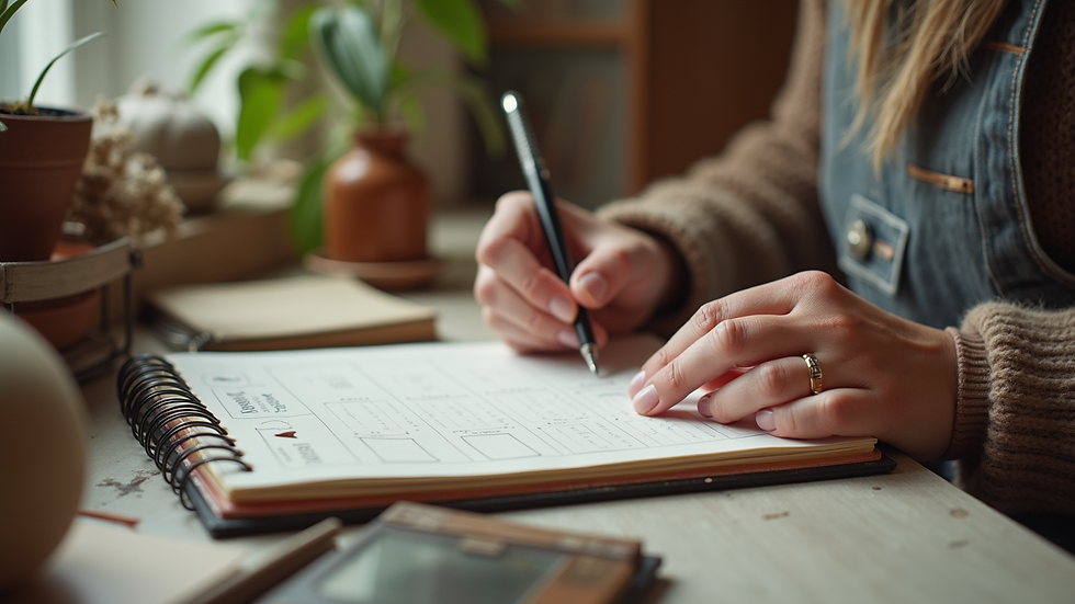 Close-up view of a planner carefully labeling vintage items for sale
