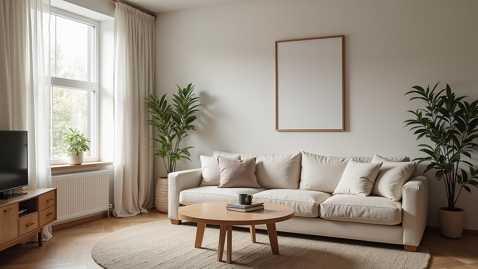 Eye-level view of a cozy, organized living room with minimal furniture