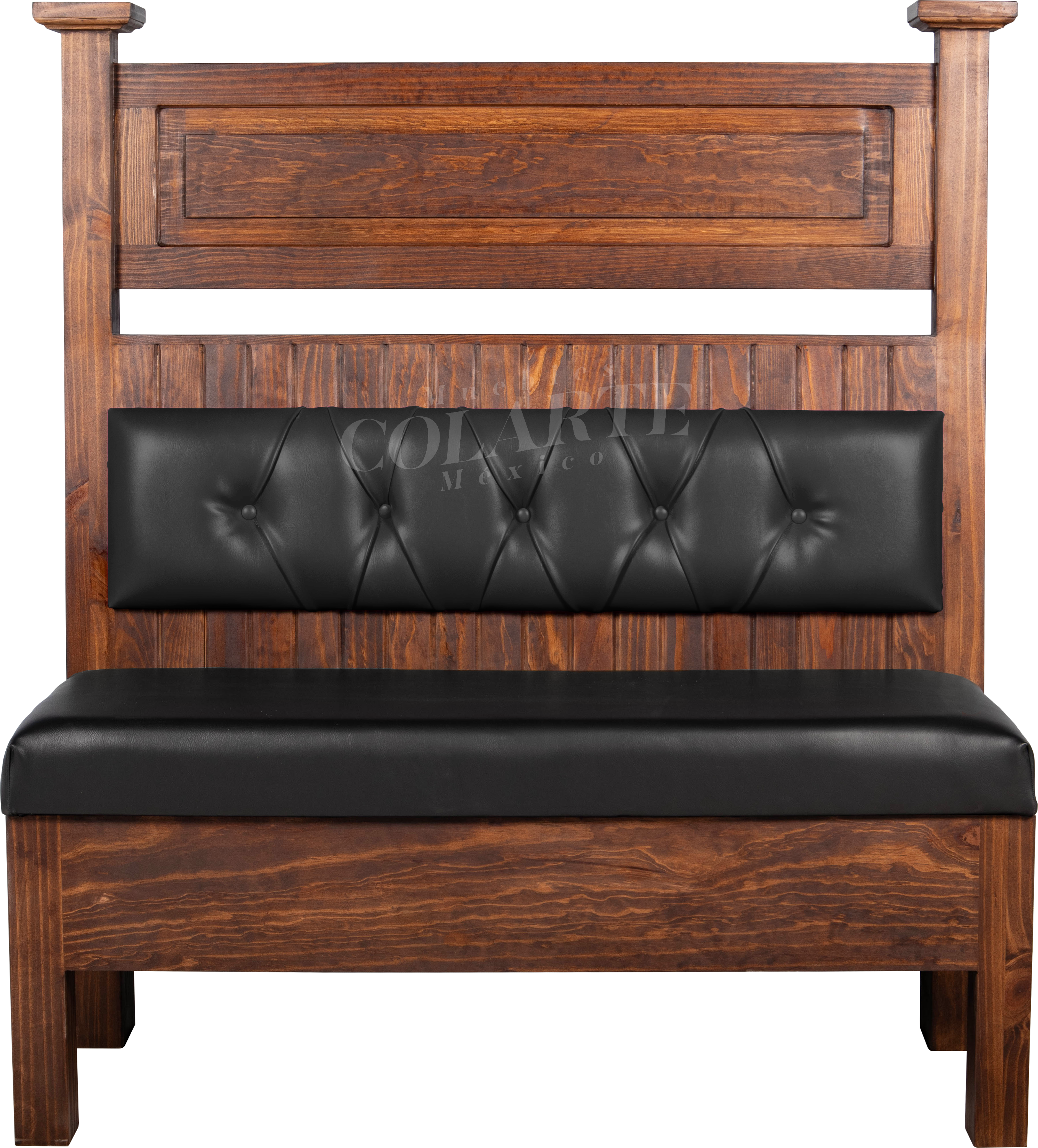 El Booth Leonardo destaca por su elegante diseño de respaldo alto con detalles en madera y capitonado en vinil, perfecto para
