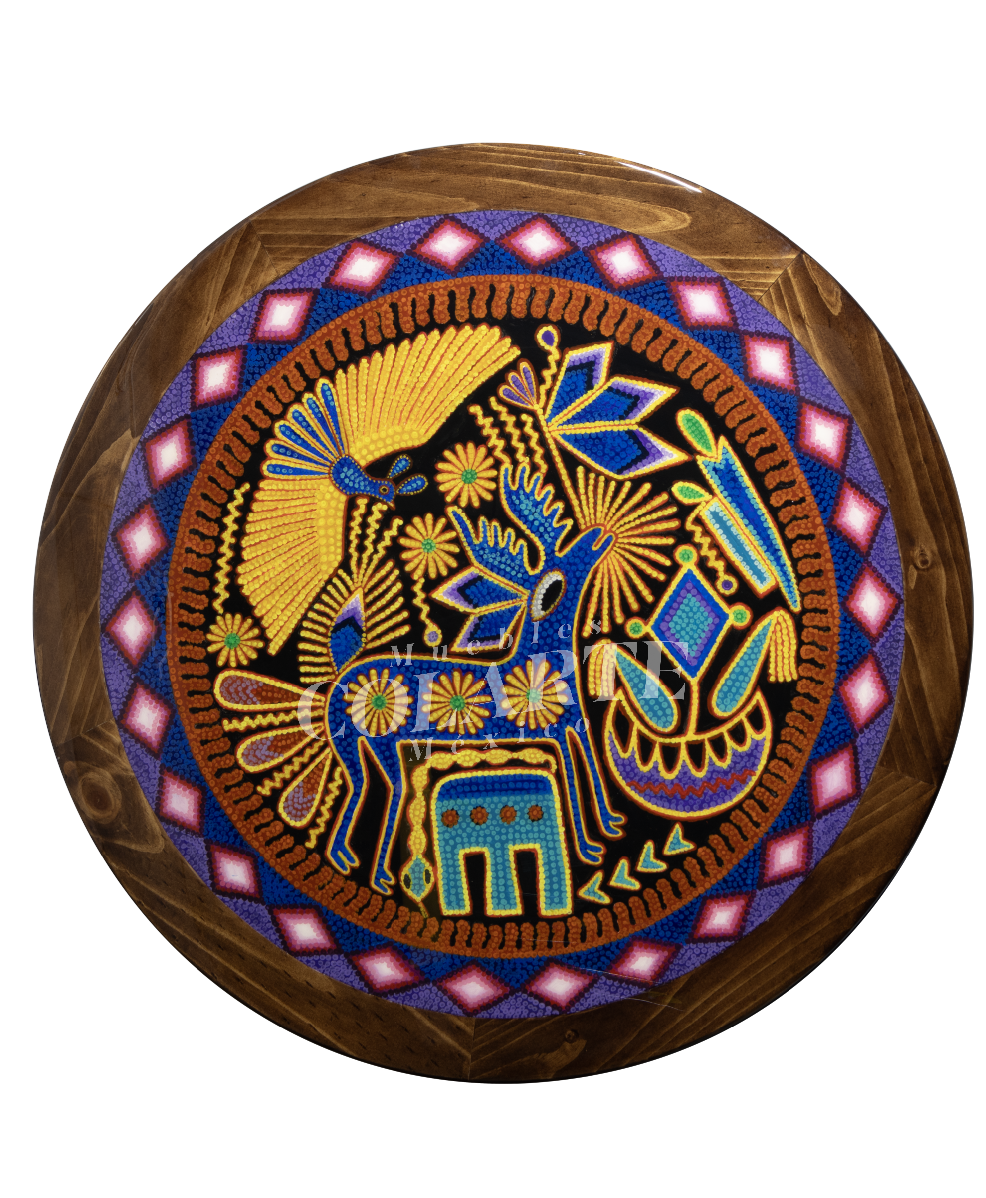 Cubierta redonda wixárika pintada a mano con arte huichol para restaurantes