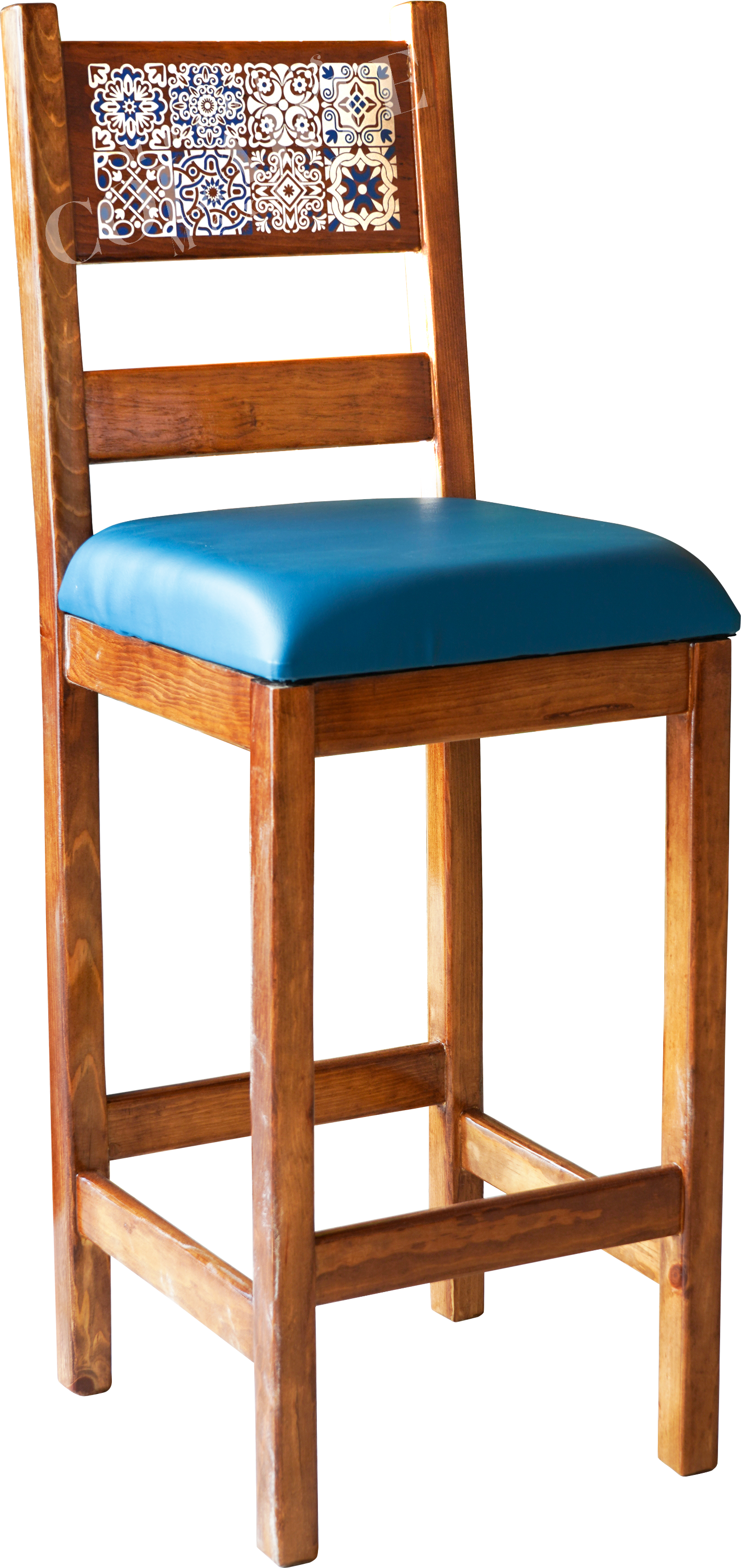 Banco artesanal con respaldo estilo Talavera pintado, ideal para restaurantes mexicanos