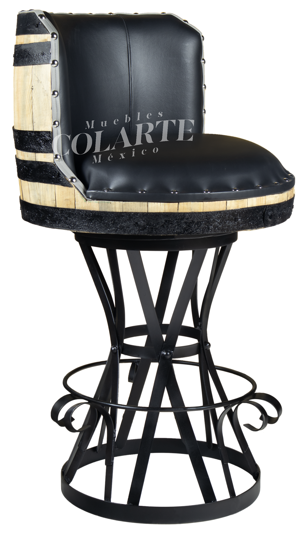 Banco de barril con respaldo tapizado y base de herrería para bar o restaurante