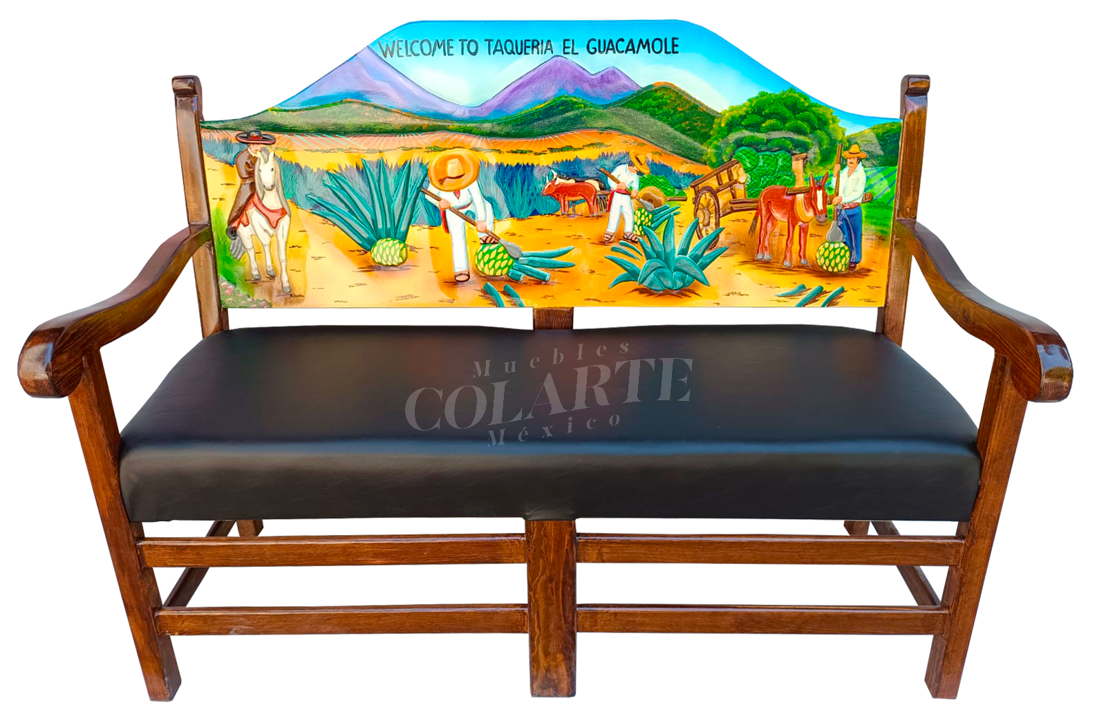 Banca de madera pintada a mano con diseño tradicional mexicano para restaurante