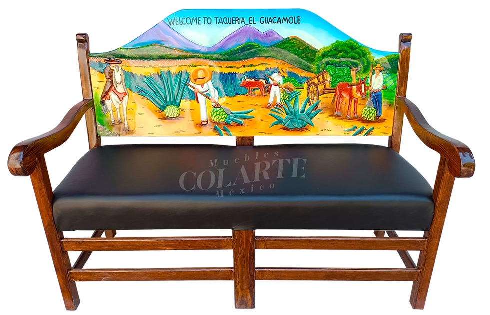 Banca de madera pintada a mano con diseño tradicional mexicano para restaurante