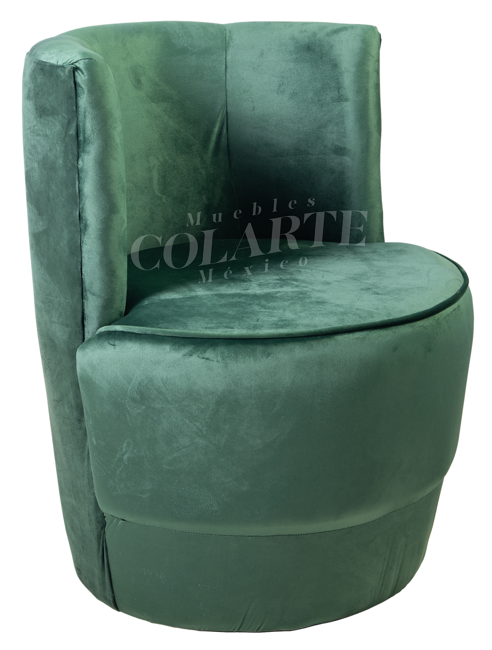 Sillón redondo para restaurante tapizado en terciopelo verde con respaldo envolvente.
