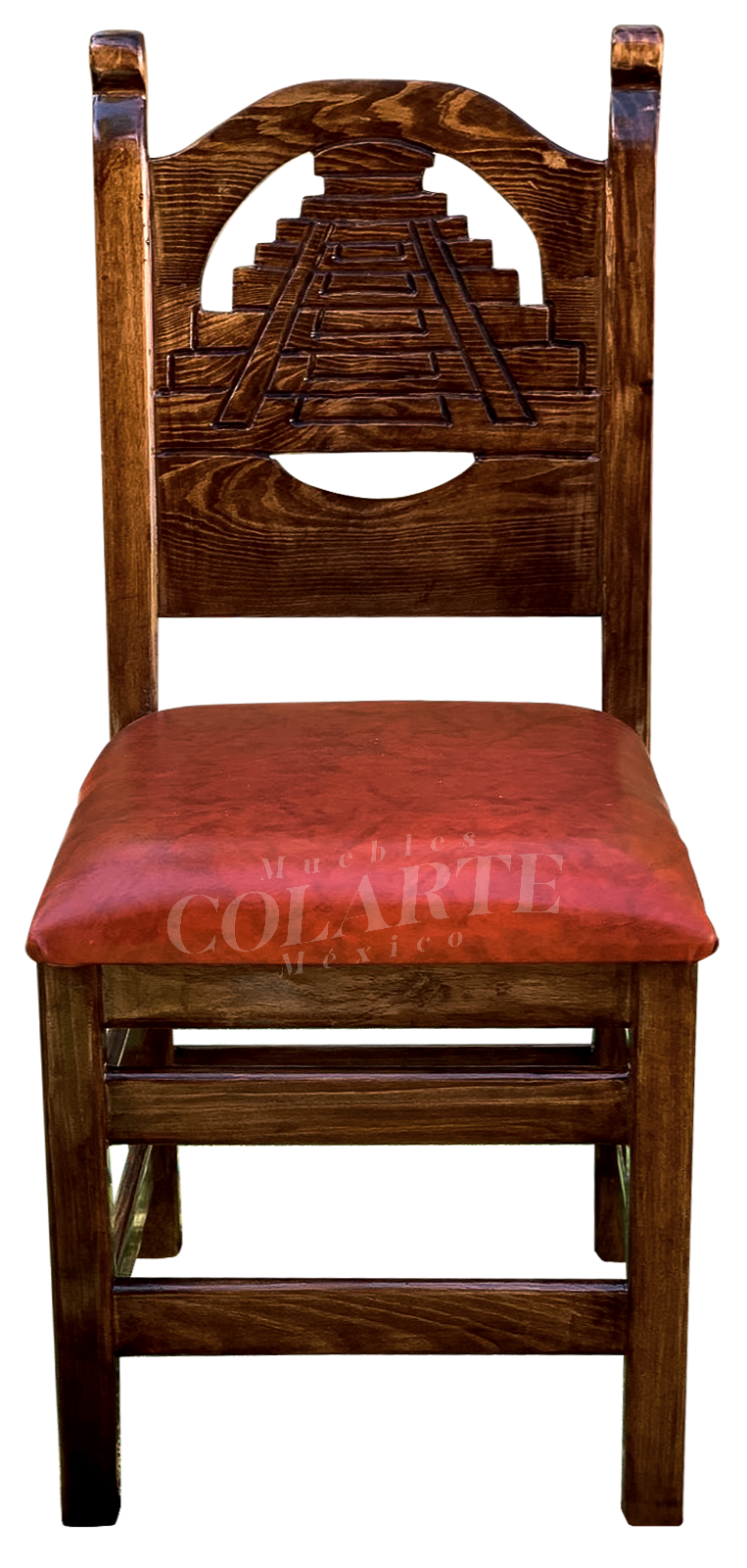 Silla tallada a mano para restaurante mexicano con respaldo de pirámide maya y asiento en vinil rojo.