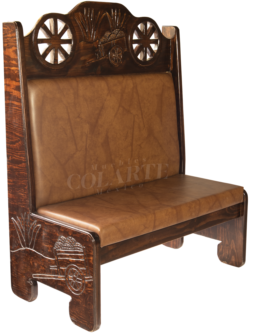 Booth rústico con respaldo tallado en forma de ruedas de carreta y asiento en vinil marrón