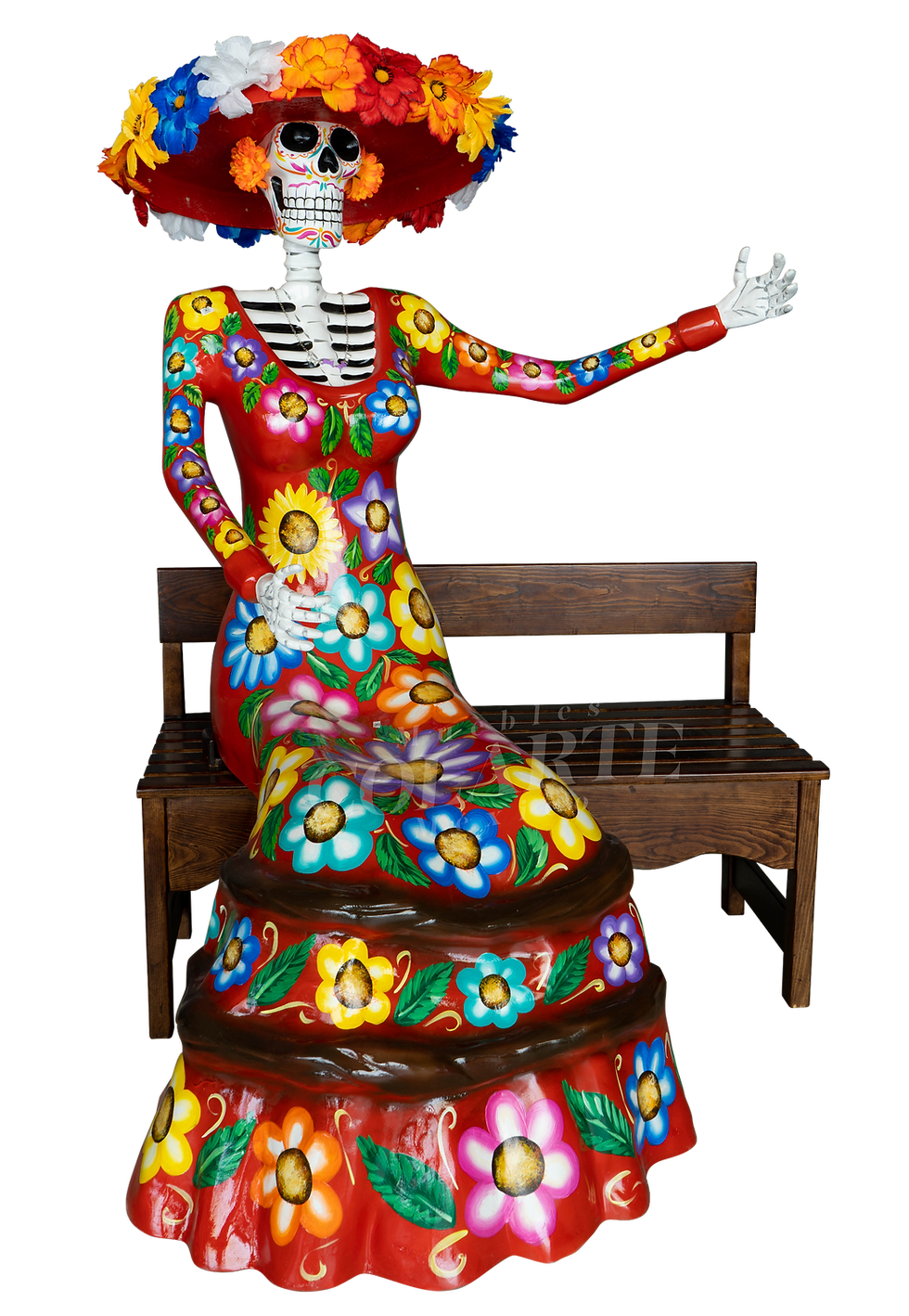 Miniatura: figura decorativa de fibra de vidrio catrina sobre banca de madera para restaurante