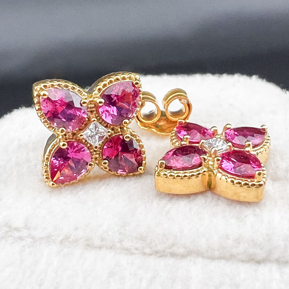 Thumbnail: Vivid Pink Sapphire (1.60 ct) Earrings w/ Diamonds (0.07 ct) in 18k Yellow Gold