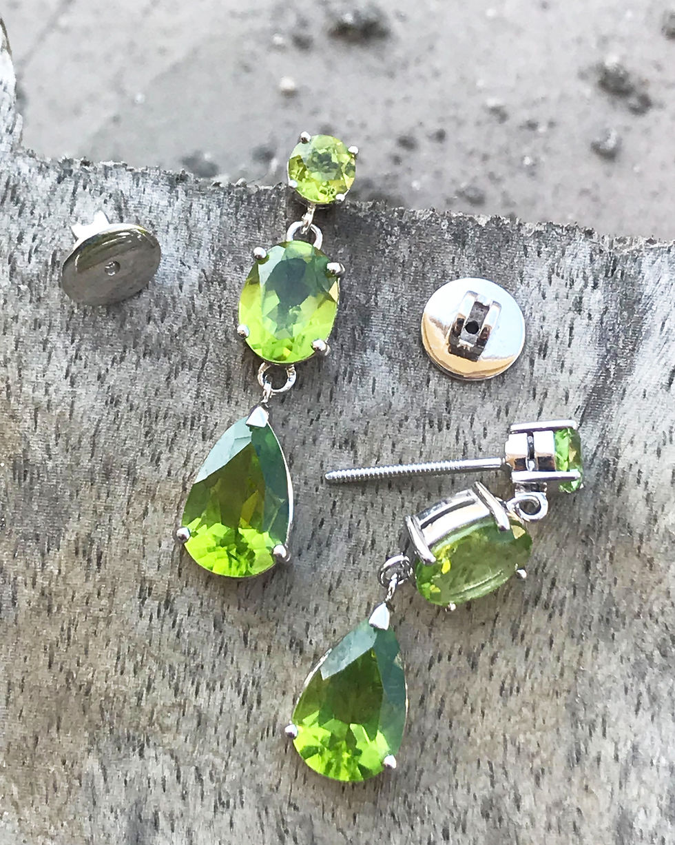 Thumbnail: Peridot (11.0 ct) 3-Stone Drop Earrings with Screw Back Post in18k White Gold