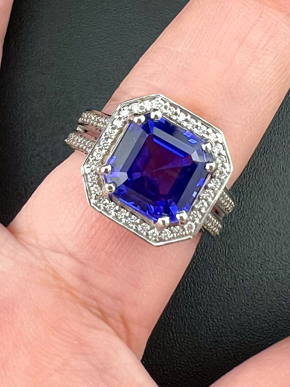 Thumbnail: Asscher Cut Tanzanite (4.51 ct) Ring with Diamonds (0.51 ct) in 18k White Gold