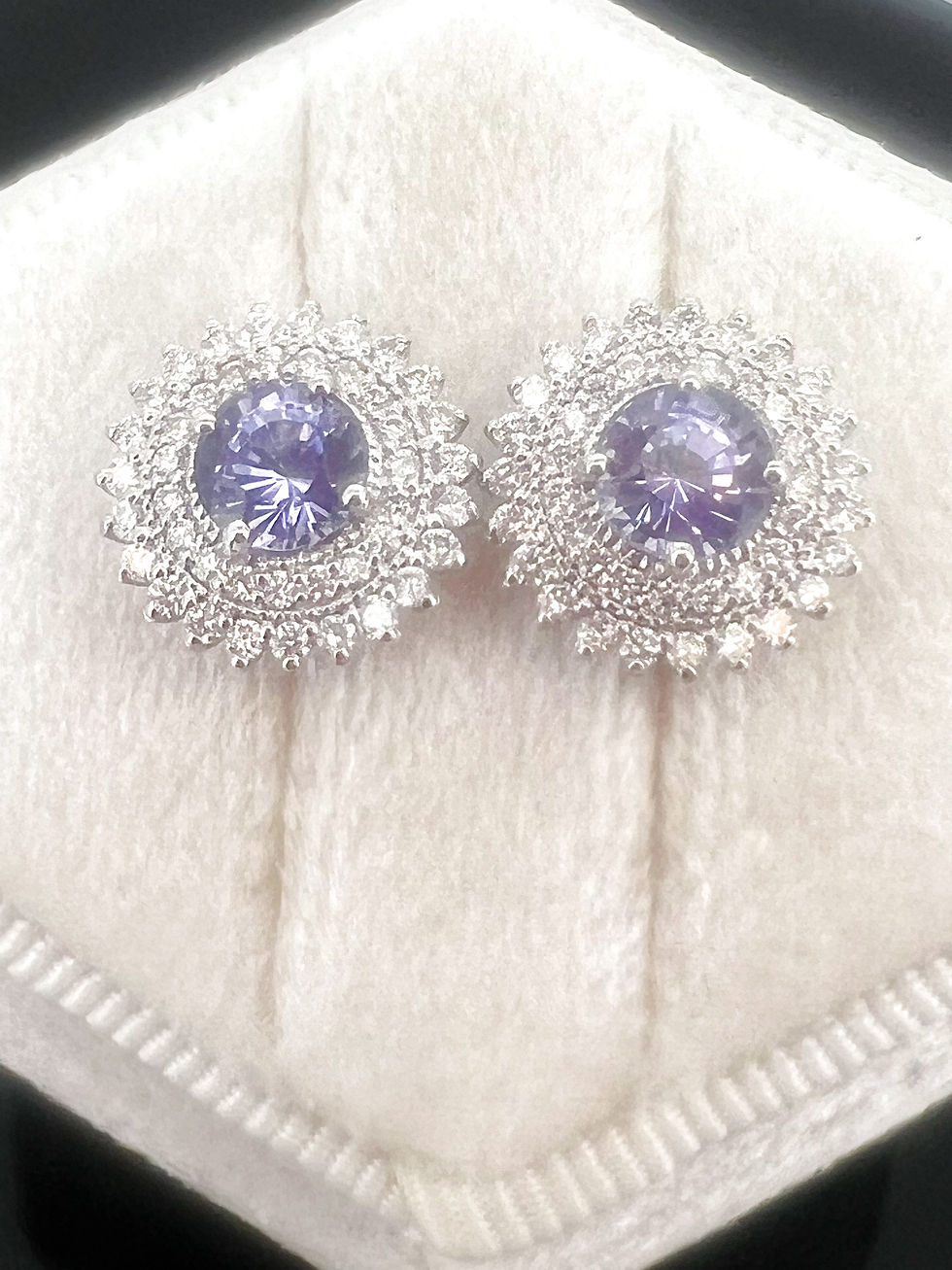 Thumbnail: Lavender Spinel (1.45 ct) Earrings w/ Diamond Halos (0.56 ct)  in 18k White Gold