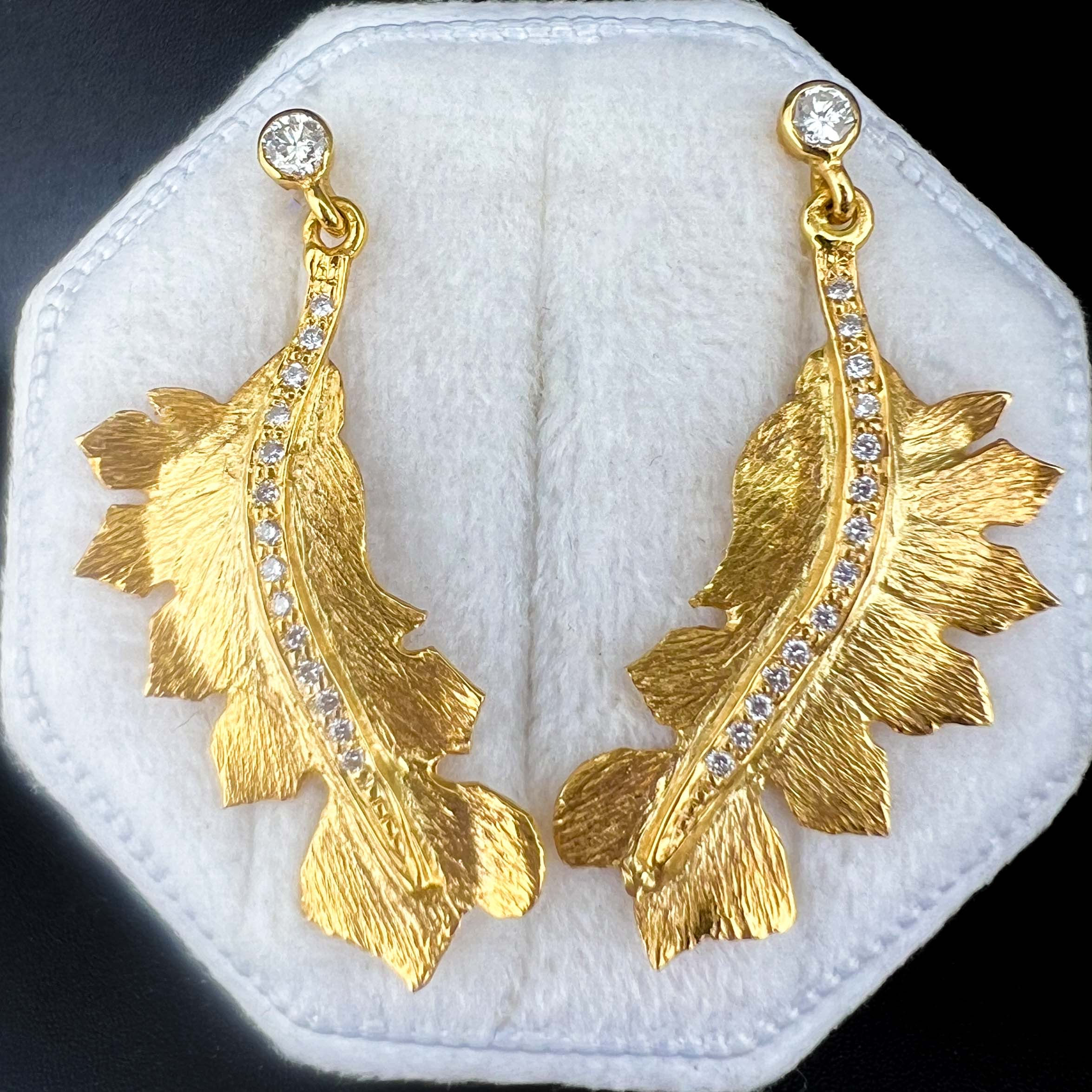 Leaf Drop Earrings w/ Diamonds (0.26 ct) Handcrafted in 18k Yellow Gold 