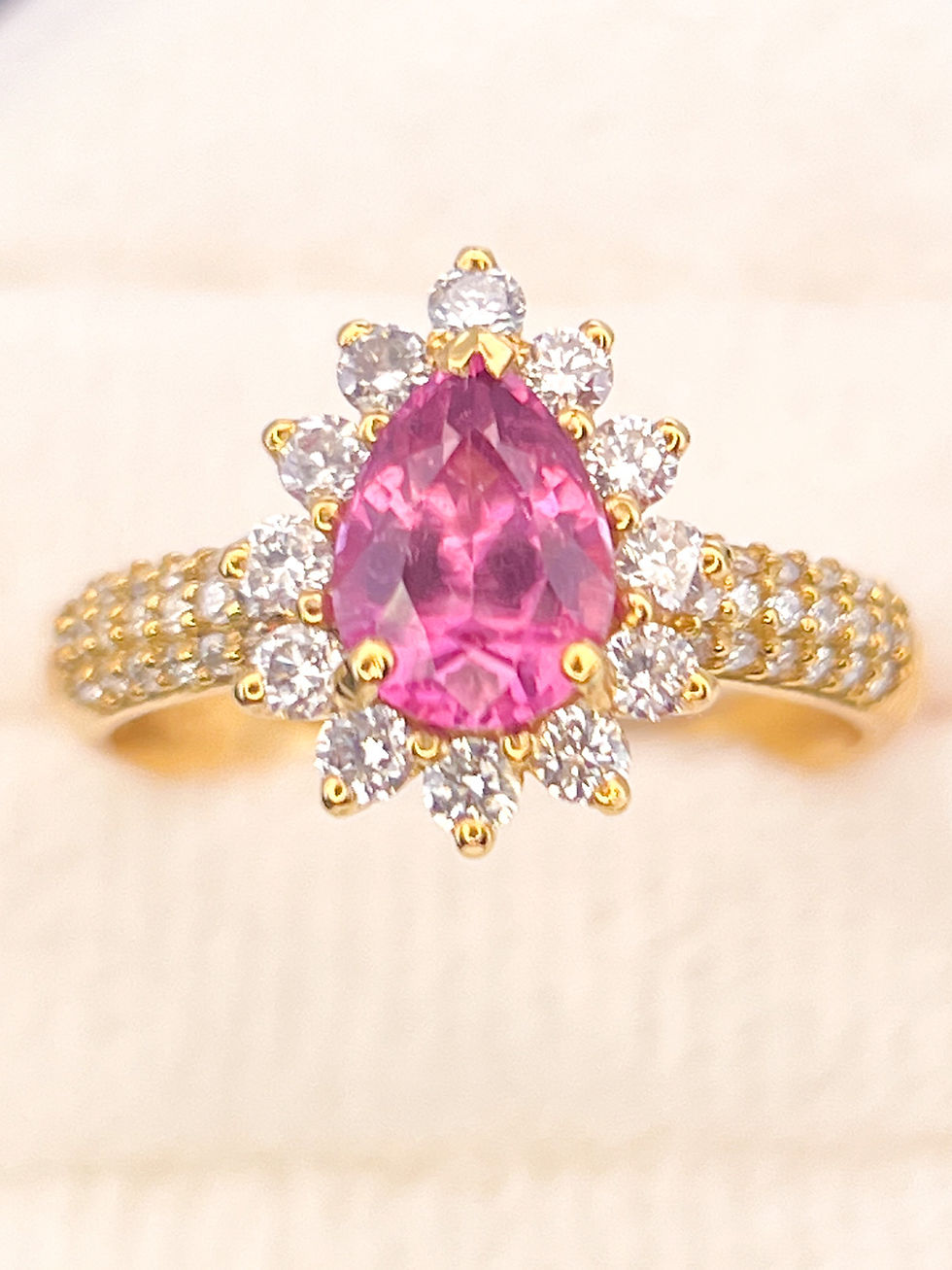 Thumbnail: Hot Pink Sapphire (1.35 ct) Ring w/ Diamonds (0.55 ct) in 18k Yellow Gold