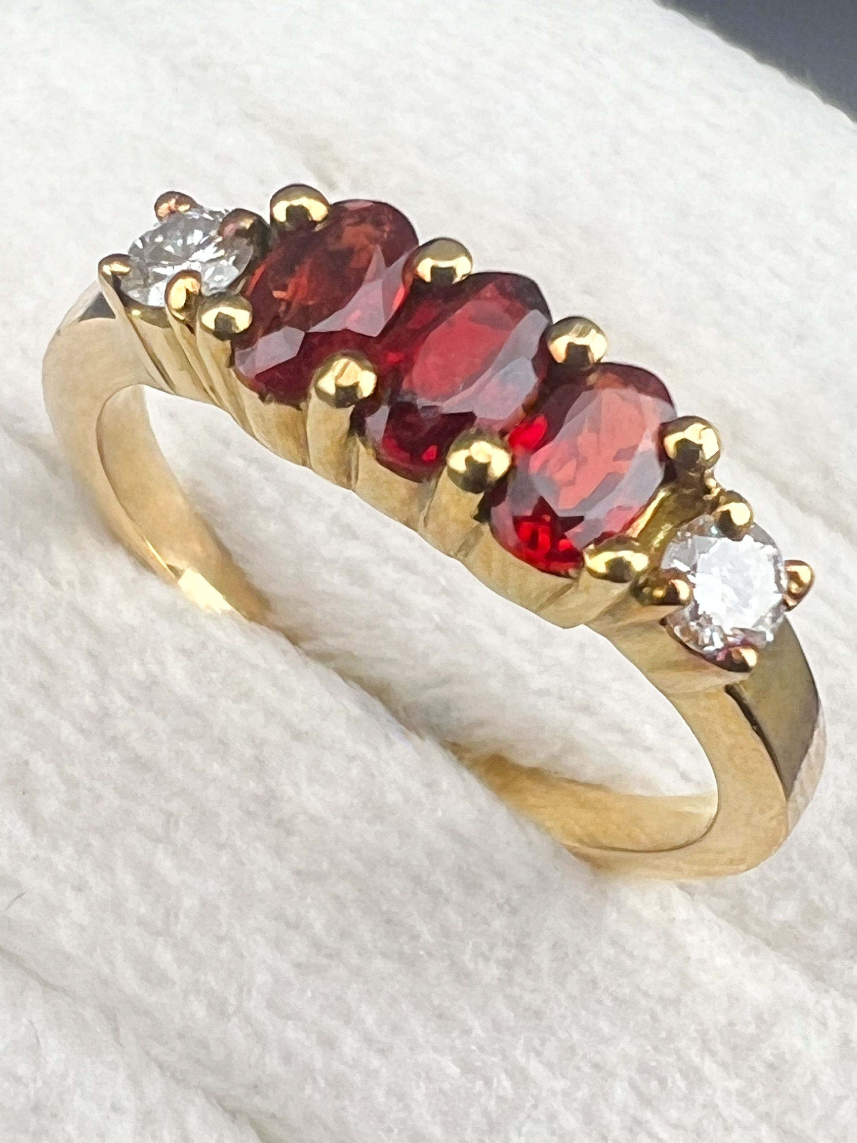 Ruby (0.70 ct) Trilogy Ring with Diamonds (0.14 ct) in 18k Yellow Gold