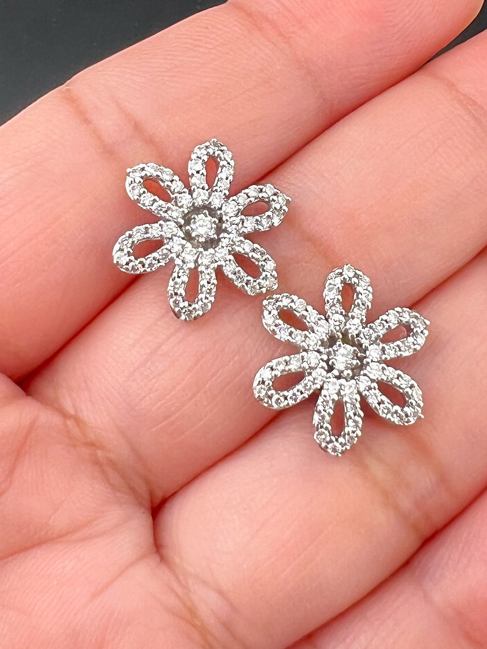 Thumbnail: Diamond (0.70 ct) Daffodil Flower Earrings w/ Screw Back Post in 18k White Gold