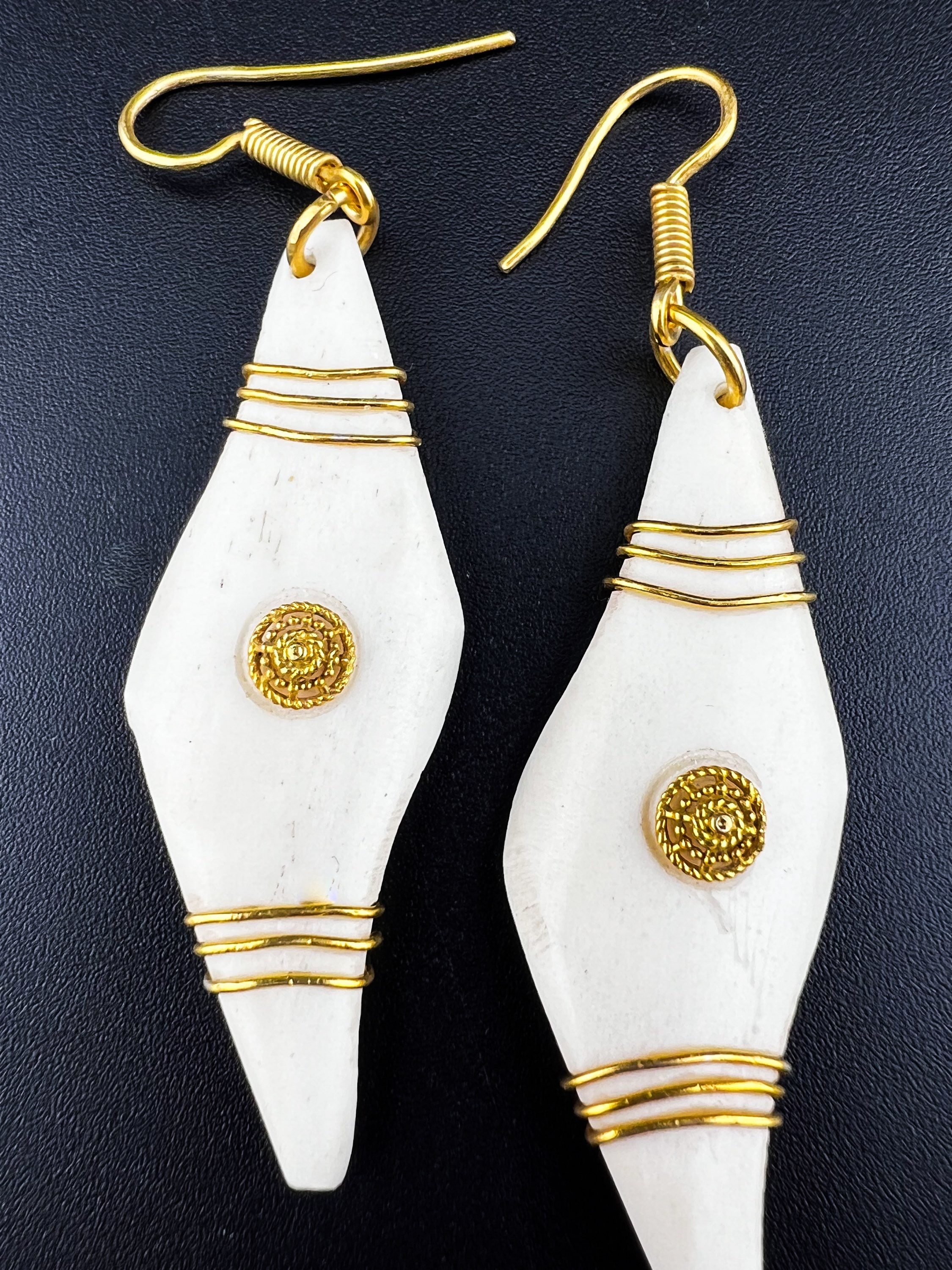 Carved Cow Bone Earrings in Gold Vermeil 