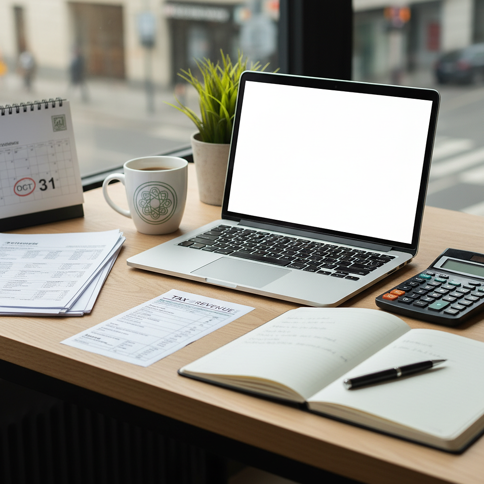 Laptop, calculator, coffee mug, notebook, pen — clean layout on a wooden or neutral background.
