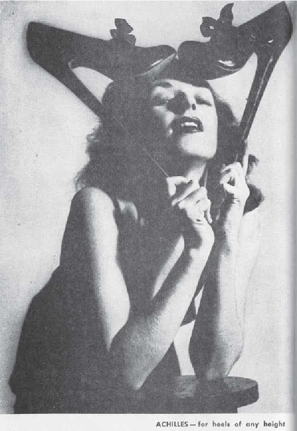 Black-and-white ad of a woman posing with oversized high heels on her head; text reads ACHILLES— for heels of any height.