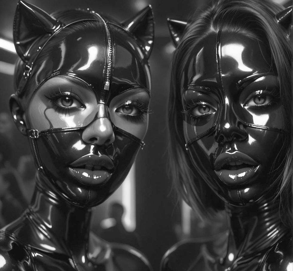 Two individuals in shiny black cat-like outfits with ears, in a dimly lit setting. Their expressions are neutral and focused.
