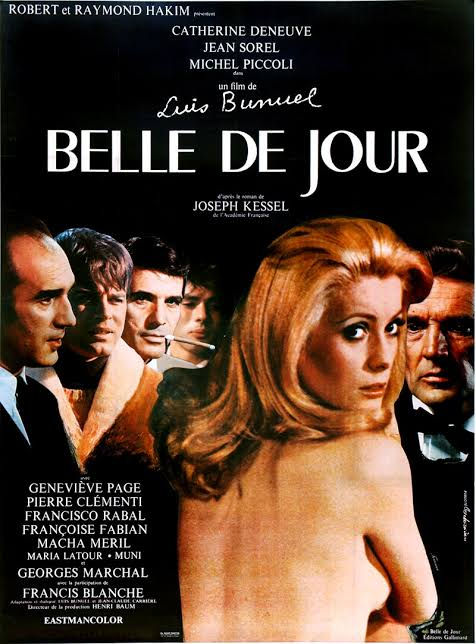Film poster for Belle de Jour with Catherine Deneuve in foreground, men behind her, black background and French title text.
