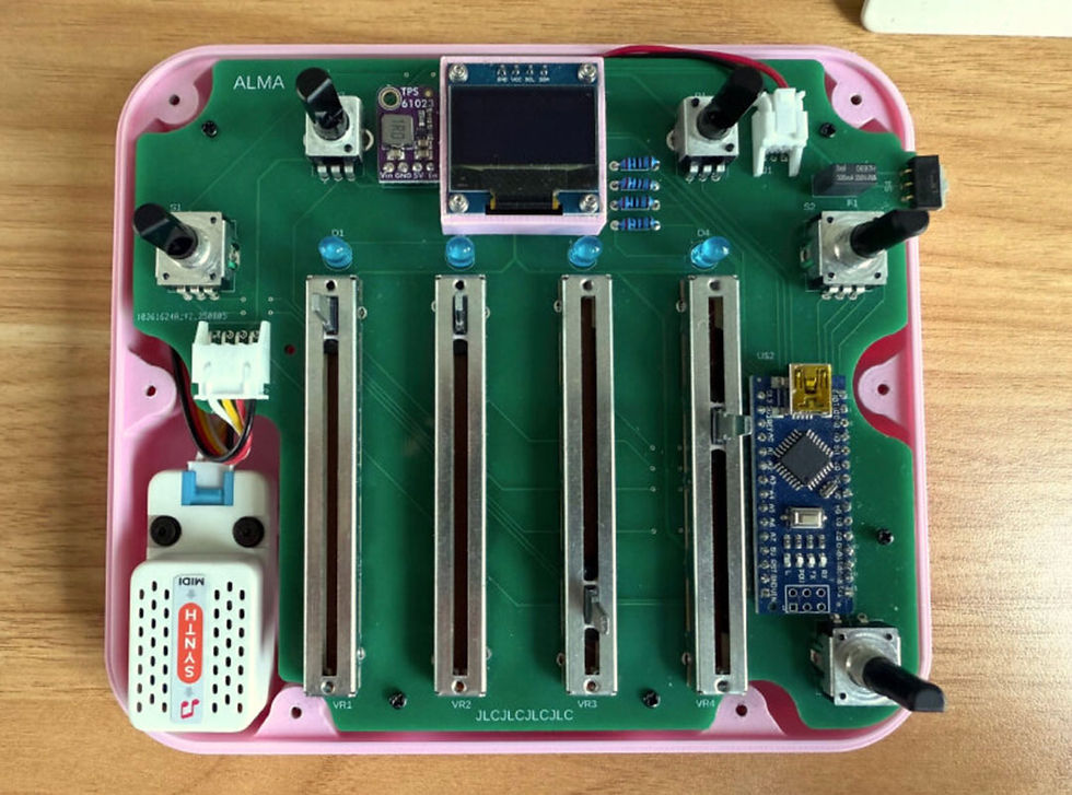 3D printed synthesizer for toddlers with sliders, knobs, and OLED panda animation