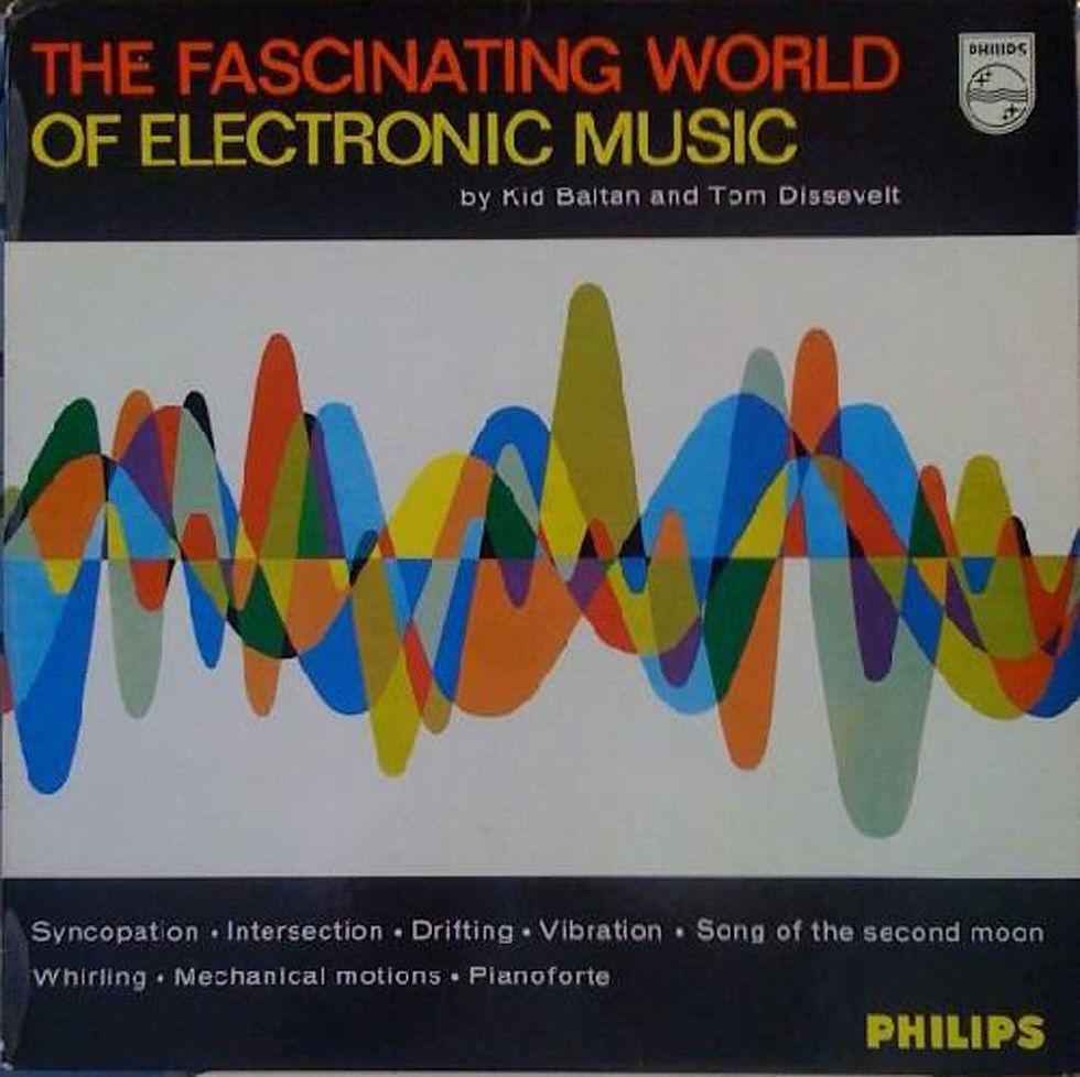 Book cover for The Fascinating World of Electronic Music, with colorful sound-wave graphics and PHILIPS logo on black background.