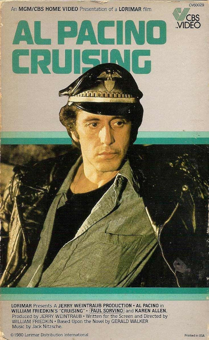 Al Pacino in Cruising movie poster, wearing a police cap and leather jacket, with teal title text on a worn beige background.