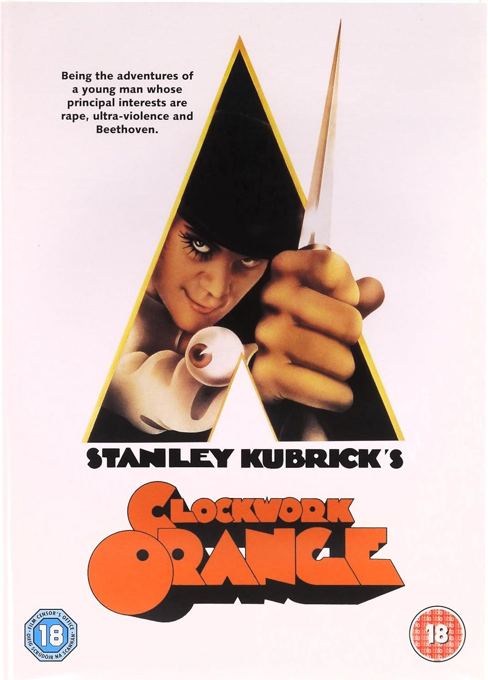 Clockwork Orange movie poster with a menacing man holding a knife, bold orange title, and the text about rape, ultra-violence and Beethoven.