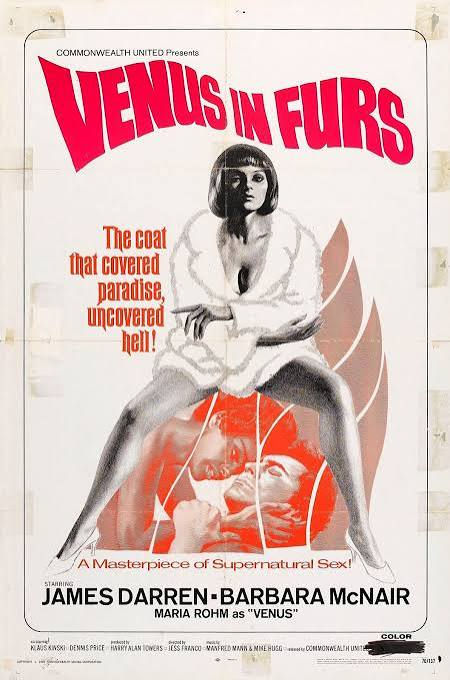 Vintage movie poster for Venus in Furs with a seated woman in white fur, red title text, and credits for James Darren and Barbara McNair.