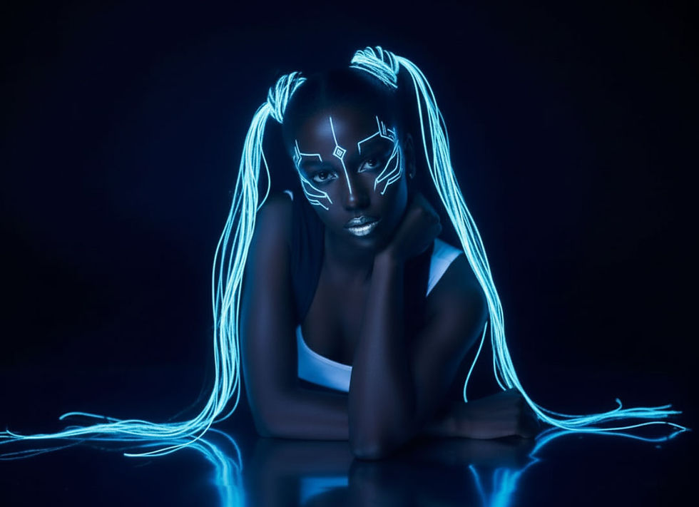 Woman with glowing blue face paint and fiber optic hair in a dark setting, exuding a futuristic, ethereal mood.