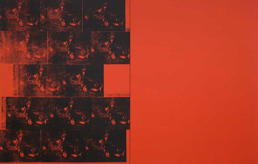 Dark red and black artwork featuring repeated images of a car with a driver. Right side features a solid bright red section. No text.